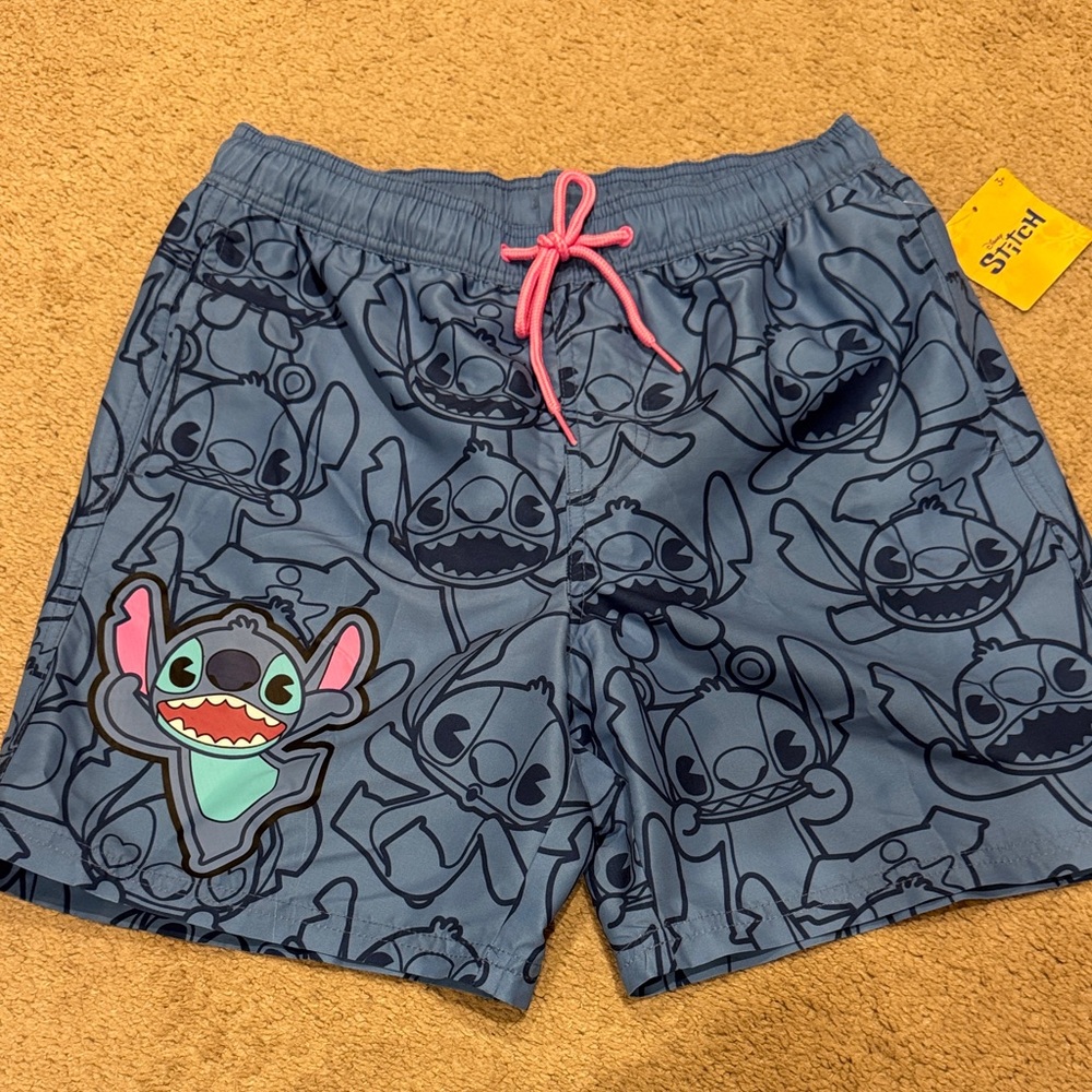 Disney Stitch Blue Swim Shorts with Pink Drawstring Sz S